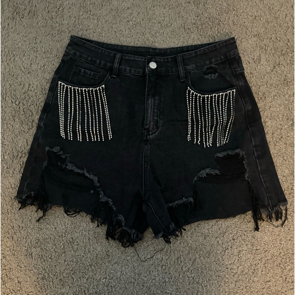 Black Rhinestone Jean Shorts - Picture 1 of 2